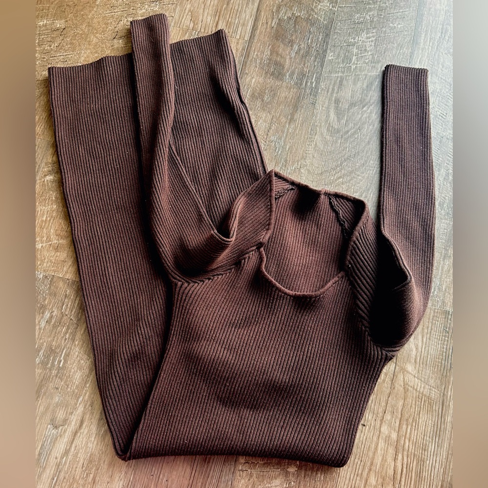 SHEIN Chocolate Brown Ribbed Long Sleeve Bodycon Dress